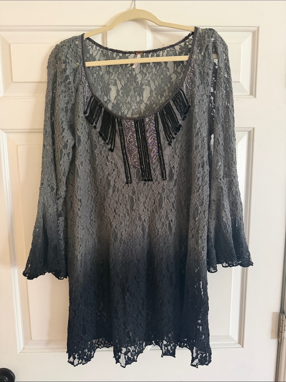 Free People Gray to Black Lace Ombre Tunic with Beaded Details